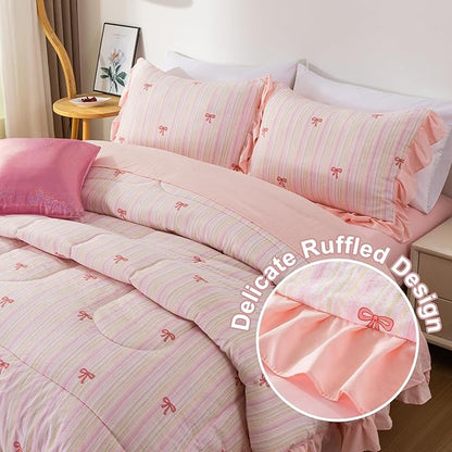 A Nice Night Rainbow Stripes & Bows Bedding Set,Ruffle 6 Piece Bed in a Bag Matching Sheet Set,Princess Style Chic Bow Printed,Light Pink Room Decor for Girls,Full