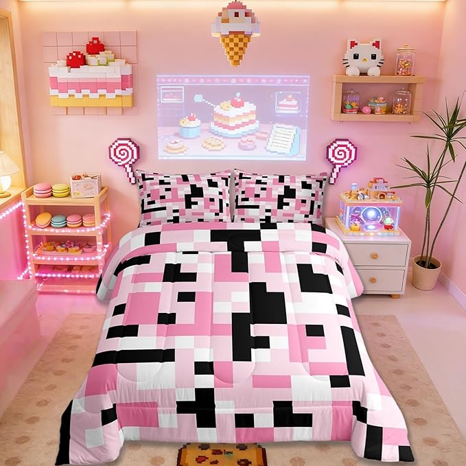 Pixelated Miners Kids Bedding Set Queen Size,Video Games Game Gamepad Comforter Set，Geometric Grid Square Quilt Comforter,Black Pink White Bedroom Duvet Insert,2 Pillowcases