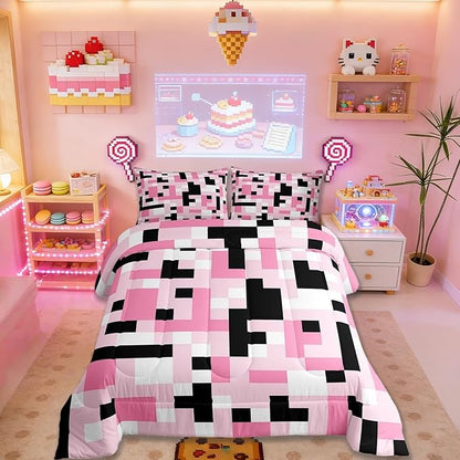 Pixelated Miners Kids Bedding Set Queen Size,Video Games Game Gamepad Comforter Set，Geometric Grid Square Quilt Comforter,Black Pink White Bedroom Duvet Insert,2 Pillowcases