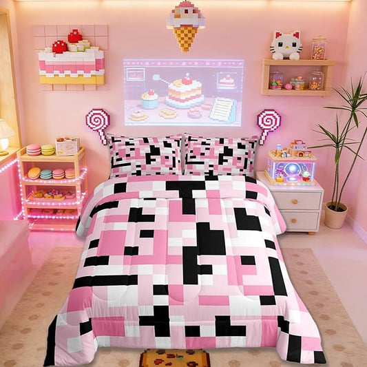 Pixelated Miners Kids Bedding Set Queen Size,Video Games Game Gamepad Comforter Set，Geometric Grid Square Quilt Comforter,Black Pink White Bedroom Duvet Insert,2 Pillowcases