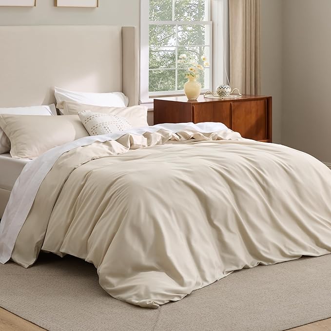 Bedsure Cooling Duvet Cover King Size - Moisture Wicking and Silky Eucalyptus Lyocell Cotton Hybrid Comforter Cover Set for Hot Sleeper - Buttery Soft and Breathable, GentleSoft™, Beige Bedding Set