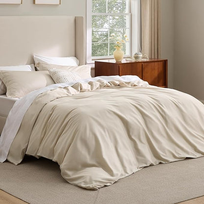 Bedsure Cooling Duvet Cover King Size - Moisture Wicking and Silky Eucalyptus Lyocell Cotton Hybrid Comforter Cover Set for Hot Sleeper - Buttery Soft and Breathable, GentleSoft™, Beige Bedding Set