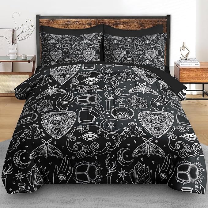Comforter Set King Size, Medieval Retro Halloween 7 Pcs Bedding for Kids and Adults, Gothic Vintage Bed Sheet Sets with Fitted Sheet 2 Pillowcases & 2 Shams for Bedroom Bed Decor
