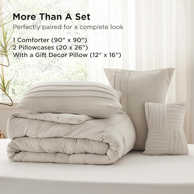 Bedsure Queen Comforter Set - 4 Pieces Pinch Pleat Bed Set, Beige Boho Bedding for All Season, 1 Soft Comforter, 2 Pillowcases, 1 Decorative Pillow