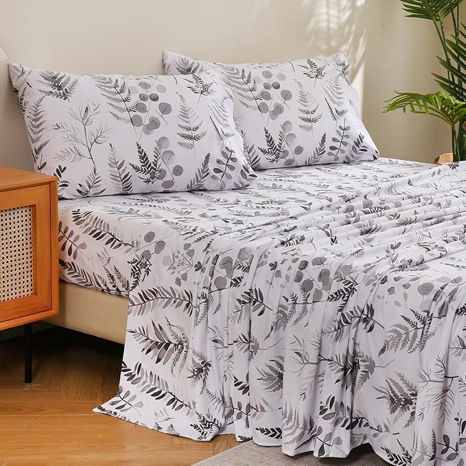 JSD Boho Floral Sheet Set King Size, 4 Piece Grey Herbs Ferns Printed Microfiber Bed Sheets Deep Pocket