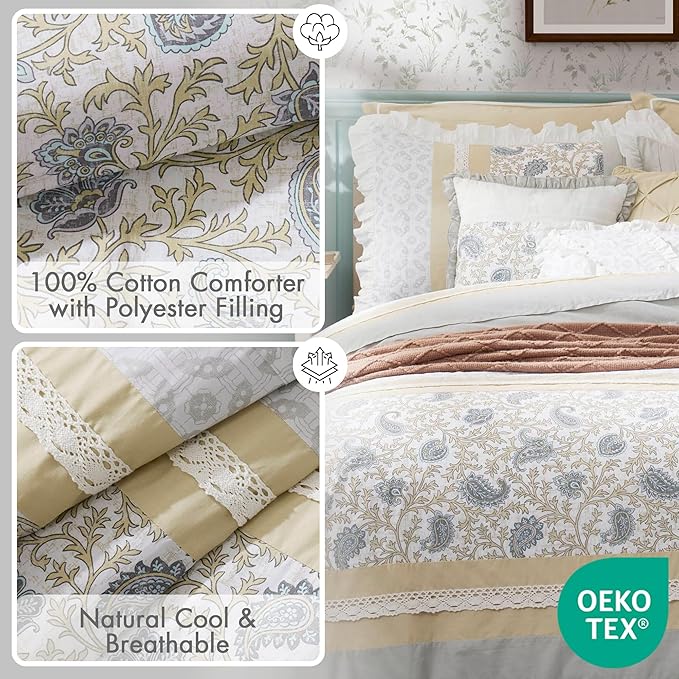 Madison Park Dawn 100% Cotton Shabby Chic Comforter Set-Modern Cottage Design All Season Down Alternative Bedding, Matching Shams, Bedskirt, Decorative Pillows, Queen(90"x90"),, Yellow 9 Piece