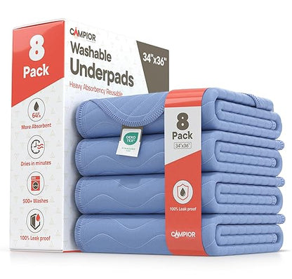 Washable Underpads Large 34"x36" (Pack of 8) – Reusable Waterproof Bed Pads for Adults & Seniors, Extra Heavy Absorbency Incontinence & Bedwetting Pads, Soft Non-Slip TPU Backing, Blue.