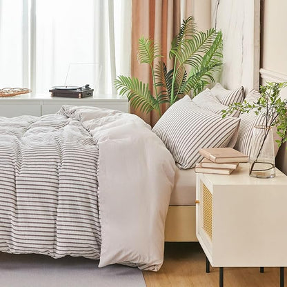 Luxury Grey Comforter Set Queen - Washed Microfiber 3 Pieces Jacquard Bedding, White & Grey Vertical Ticking Stripes Pattern Comforter with 2 Pillowcases, Soft Breathable Durable Comfy
