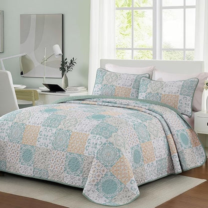 Dobuyly Patchwork Quilt Set Queen Size 3 Pieces Sage Green Yellow Boho Plaid Bedspreads, Summer Plaid Floral Coverlet Set, Soft Lightweight Microfiber Quilted Bedding Set for All Seasons 96"x90"