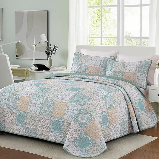 Dobuyly Patchwork Quilt Set Queen Size 3 Pieces Sage Green Yellow Boho Plaid Bedspreads, Summer Plaid Floral Coverlet Set, Soft Lightweight Microfiber Quilted Bedding Set for All Seasons 96"x90"