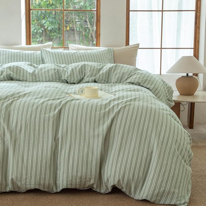 Sage Green and White Striped Duvet Cover,100% Washed Cotton Breathable and Linen Like Bedding Set(Strip-Sage Green/White,King)