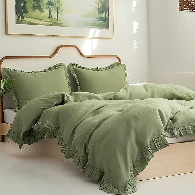 Simple&Opulence 100% Linen Duvet Cover Set, 3 PCS Natural French Flax Sage Green Ruffle Duvet Cover Full Size, Breathable Comfy Linen Bedding Comforter Cover with 2 Pillowcases (Sage Green, 78" X 86")