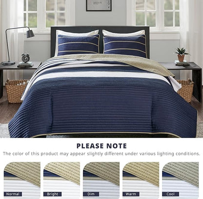 Comfort Spaces Quilt Set Trendy Casual Fun, Vibrant Color Design, Hypoallergenic All Season, Lightweight Coverlet Bedspread Cozy Kids Bedding & Sham Full/Queen Verone White Blue Stripe 3 Piece