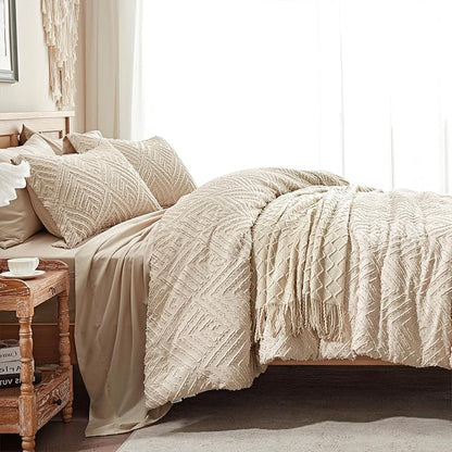 Zzlpp Twin Comforter Set 5 Pieces, Beige Tufted Bed in a Bag with Comforter, Pillow Sham, Pillowcase, Flat Sheet, Fitted Sheet - All Season Boho Bedding Sets