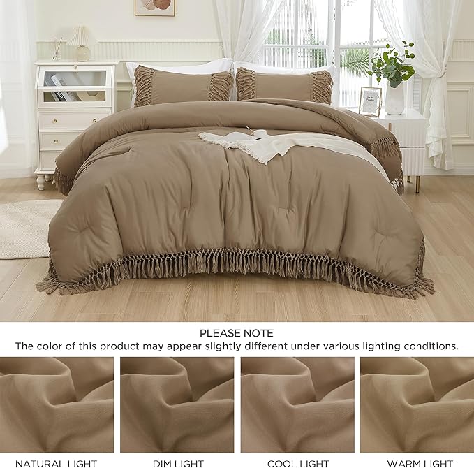 Andency Taupe Comforter Set California King, 3 Pieces Boho Tassel Lightweight Soft Bedding Comforter Sets for King Bed, All Season Fluffy Fringe Bed Set (104x96In Comforter & 2 Pillowcases)