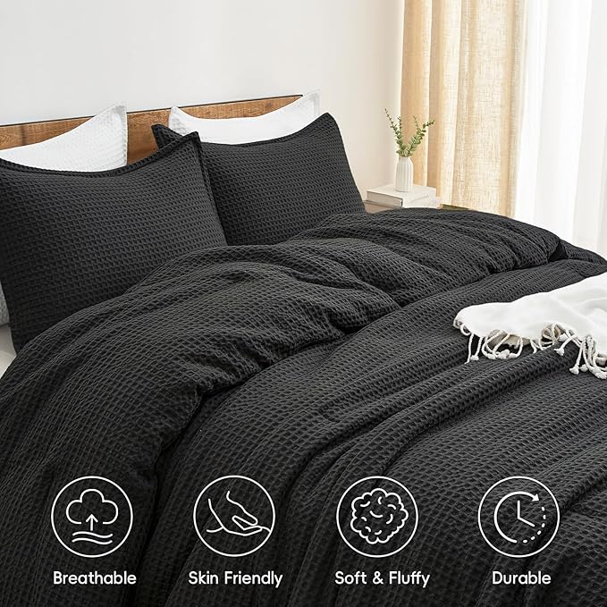 PHF Ultra Soft Waffle Weave Comforter Set Twin Size, 2 Pieces Lightweight Breathable Comfy Bedding Set, Comfy Textured 1 Comforter with 1 Pillow Shams, Black