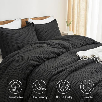 PHF Ultra Soft Waffle Weave Comforter Set Queen Size, 3 Pieces Lightweight Breathable Comfy Bedding Set, Comfy Textured 1 Comforter with 2 Pillow Shams, Black