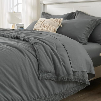 Andency Dark Grey Queen Size Comforter Set with Sheets - 7 Pieces Boho Tassel Bed in a Bag Soft Lightweight Bedding Sets, Dark Grey Fringe Bed Set with Comforter, Sheets, Pillowcases & Shams