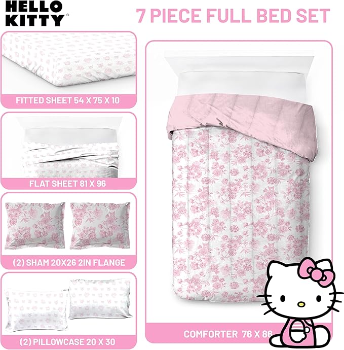Jay Franco Comforter Set Includes Sheets and Pillow Covers - Soft and Cozy Bed Set for Stylish Room Decor, Official Licensed Bedding, Multi - Hello Kitty, 7 Piece Full