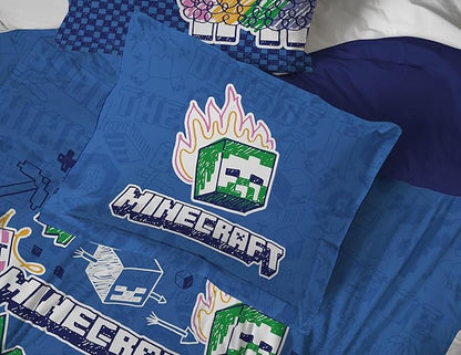 Jay Franco Kids Comforter Set Includes Sheets and Pillow Covers - Soft and Cozy Bed Set for Stylish Room Decor, Blue - Minecraft 02, 7 Piece Queen Bedding