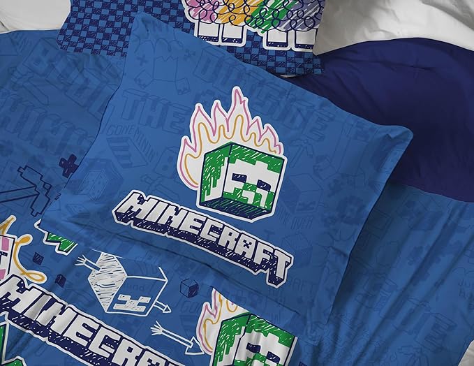 Jay Franco Kids Comforter Set Includes Sheets and Pillow Covers - Soft and Cozy Bed Set for Stylish Room Decor, Blue - Minecraft 02, 5 Piece Twin Bedding