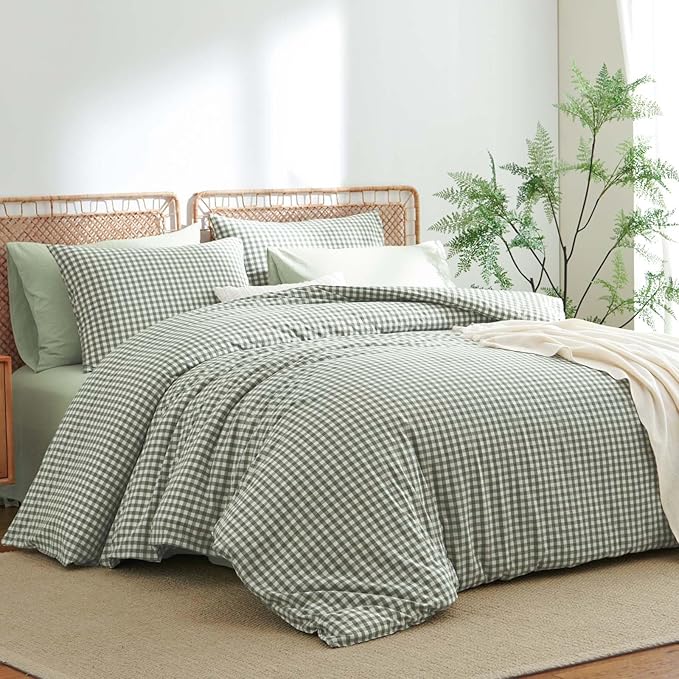 Nayoroom Gingham Duvet Cover Twin Size 100% Washed Cotton Green Plaid Checkered Comforter Cover 2 Pcs Soft Breathable Grid Farmhouse Dorm Bedding Set for All Seasons