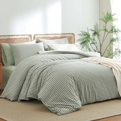 Nayoroom Gingham Duvet Cover Twin Size 100% Washed Cotton Green Plaid Checkered Comforter Cover 2 Pcs Soft Breathable Grid Farmhouse Dorm Bedding Set for All Seasons