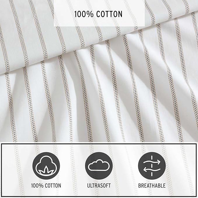 Eddie Bauer - Full Sheet Set, Cotton Percale Bedding Set, Super Soft and Bedding Set, Oeko-Tex Certified (Essential Stripe Beige, Full)