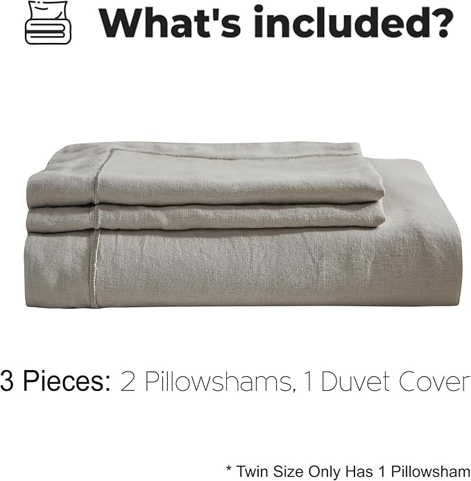 Simple&Opulence 100% Washed Linen Duvet Cover with Embroidered, 3 Pieces Soft Farmhouse Comforter Set with Button Closure,1 Duvet Cover and 2 Pillowshams(Full,Light Grey)