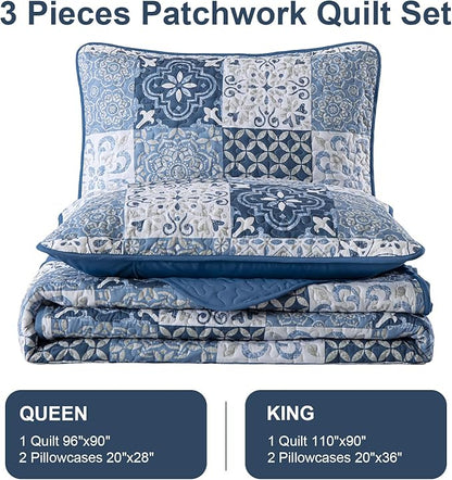 Dobuyly Blue Quilt Set Queen Size, Boho Mineral Blue Plaid Patchwork Bedspreads Coverlet Set, 3 Pieces Soft Lightweight Microfiber Quilt Bedding Set for All Seasons 96"x90"