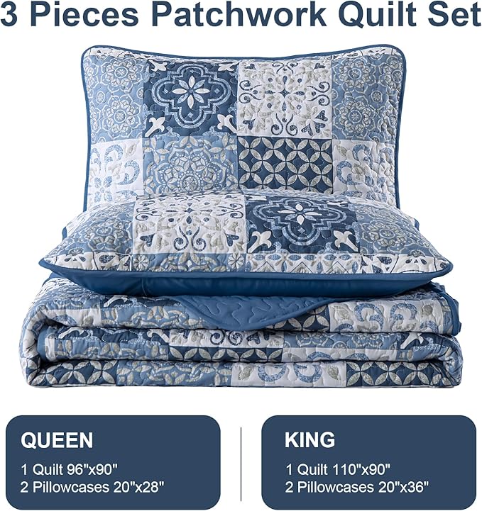 Dobuyly Blue Quilt Set King Size, Boho Mineral Blue Plaid Patchwork Bedspreads Coverlet Set, 3 Pieces Soft Lightweight Microfiber Quilt Bedding Set for All Seasons 110"x90"