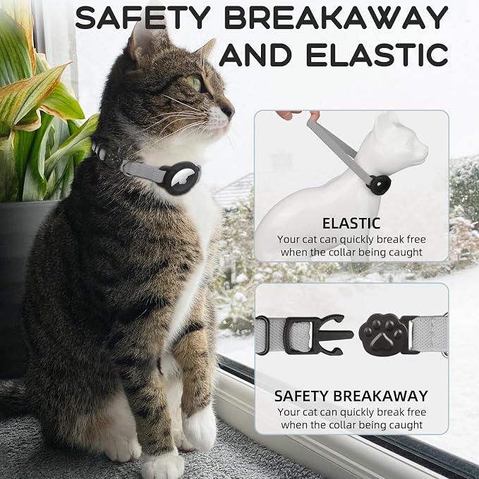 AirTag Cat Collars, Stretchy Collar with AirTag Holder and Bell | Breakaway - Ultra Design Elastic - GPS Tracking Collars - Adjustable Size for Cats & Puppies 7.5-12.5" - (Gray)