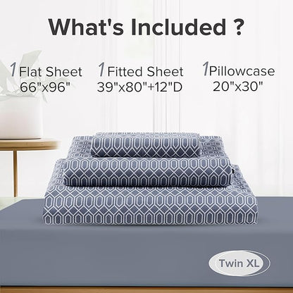 Comfort Spaces 100% Cotton Sheets Twin XL, Breathable, Naturally Cool Cotton Sheets, Soft Cotton Bed Sheets with 14" Elastic Pocket Fits up to 16" Mattress, All Seasons Sheet Set, Diamond Blue 3 Piece