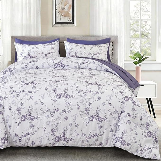 Luxudecor Floral King Comforter Set 7 Pieces Bed in a Bag, Purple Rose Romantic Flower Bed Set, Soft Reversible Comforter with Sheet Set 104"x90"
