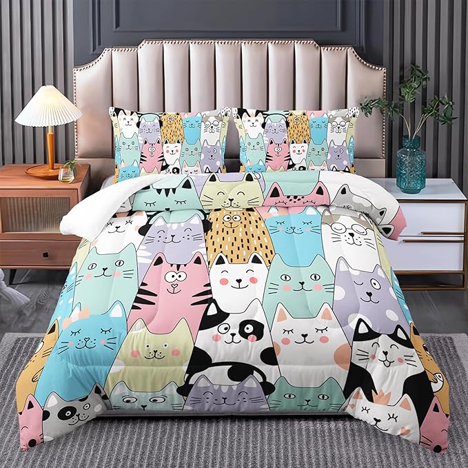 Cat Comforter Set for Girls - Kawaii, Cute Full Size Bedding Set with Cat Room Decor