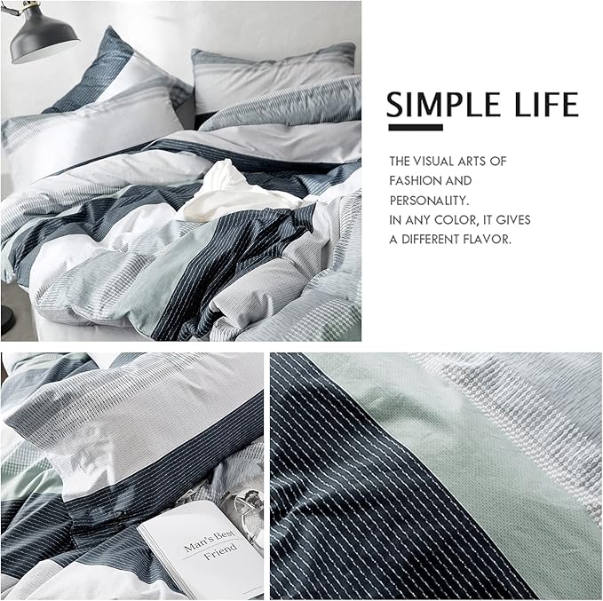 VM VOUGEMARKET Striped Bedding Duvet Cover Set King,3 Pieces Gray Blue Duvet Cover Sets,100% Cotton Modern Simple Comforter Cover with Zipper-King,Martin