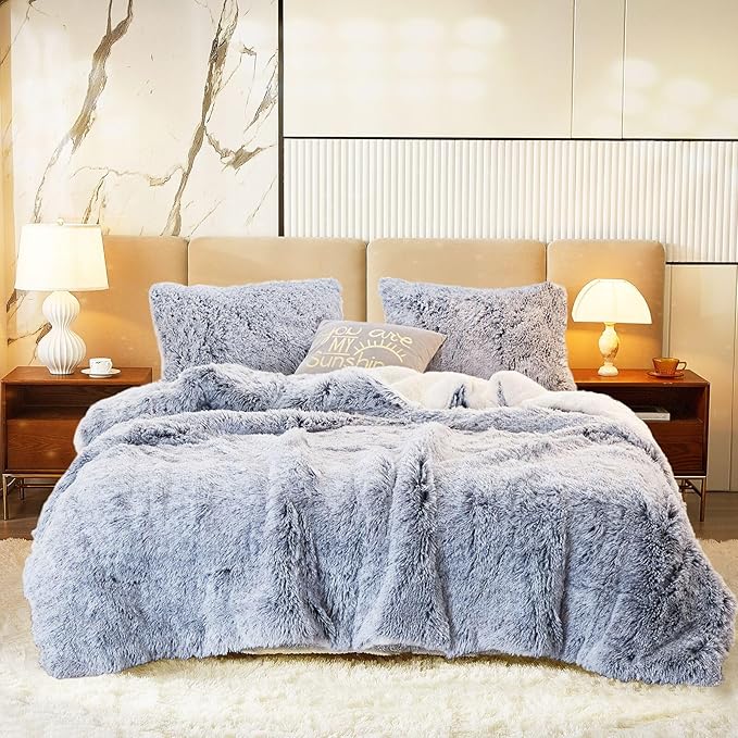 Luxury Faux Fur Shaggy Comforter Set Full/Queen Size, Plush & Sherpa Reversible Comforter Grey with White, 3-Piece Fluffy Fuzzy Bedding Set Ultra Soft and Warm for Winter (1 Comforter + 2 Pillowcases)