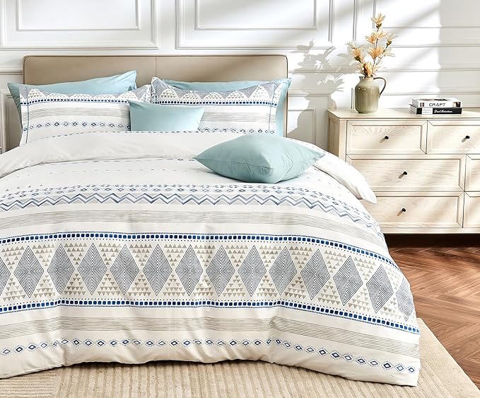 SLEEPBELLA Boho King Size Duvet Cover Set - Cotton Reversible Blue/White with Button Closure & Soft, Breathable Fabric