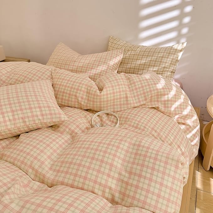 Plaid Twin XL Duvet Cover Set Cotton Pink Comforter Cover Twin XL Double Gauze Soft Boho Zipper Duvet Cover Set with Corner Ties Reversible Girls Bedding Set Coquette Duvet Protector