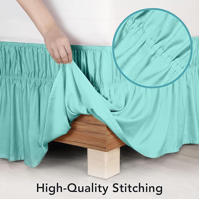Wrap Around Ruffle Queen Size Bed Skirt – Adjustable Buckle & Elastic Belt for Easy Installation, 16 Inch Drop – Brushed Microfiber - Machine Washable, Fade and Wrinkle Resistant, Spa Blue