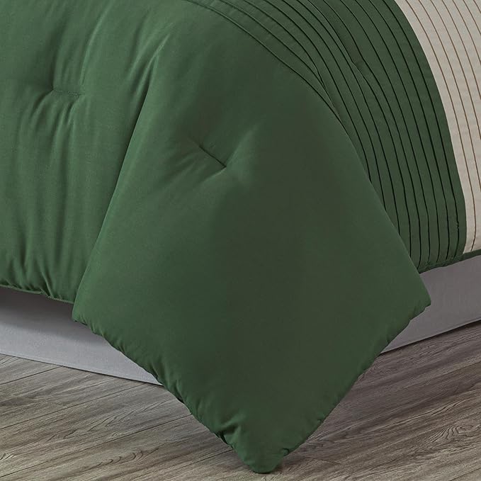 Chezmoi Collection Loft 8-Piece Oversized King Comforter Set, Forest Green/Gray/Cream Luxury Striped Bedding for All Season
