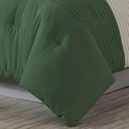 Chezmoi Collection Loft 8-Piece Oversized King Comforter Set, Forest Green/Gray/Cream Luxury Striped Bedding for All Season