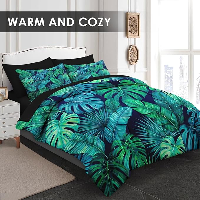 7 Pcs Full Size Comforter Set with 2 Pillowcases & 2 Shams, Tropical Palm Leaf Bedding for Kids and Adults, Green Floral Turquoise Bed in a Bag with Flat Fitted Sheet