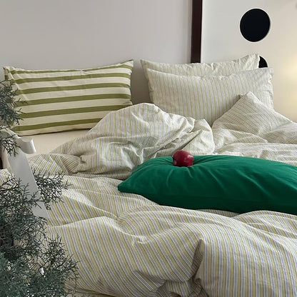 MKXI French Stripe Duvet Cover Set Twin - 3 Piece Vintage Aesthetic Bedding, 100% Washed Cotton, Yellow & White Vertical Stripes, Zipper Closure & Corner Ties, Modern Farmhouse Style