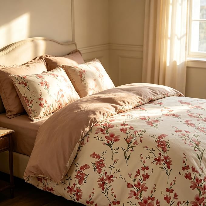 Vintage Floral Comforter Set Full Size, Cottagecore Soft Microfiber Bedding Set with Retro Flowers Pattern, 3Pieces All Season Lightweight Summer Comforter Set for Girls