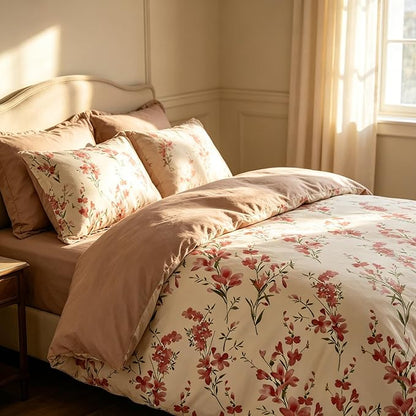Vintage Floral Comforter Set King Size, Cottagecore Soft Microfiber Bedding Set with Retro Flowers Pattern, 3Pieces All Season Lightweight Summer Comforter Set for Girls