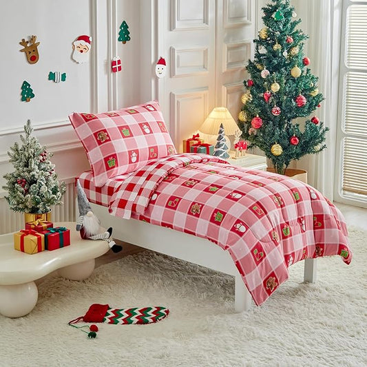 Christmas Toddler Bedding Set for Boys Girls Red White Plaid Colorful Holiday 4PC Toddler Bed Set - Cute Toddler White Bed in a Bag with Snowman Socks GIF Box