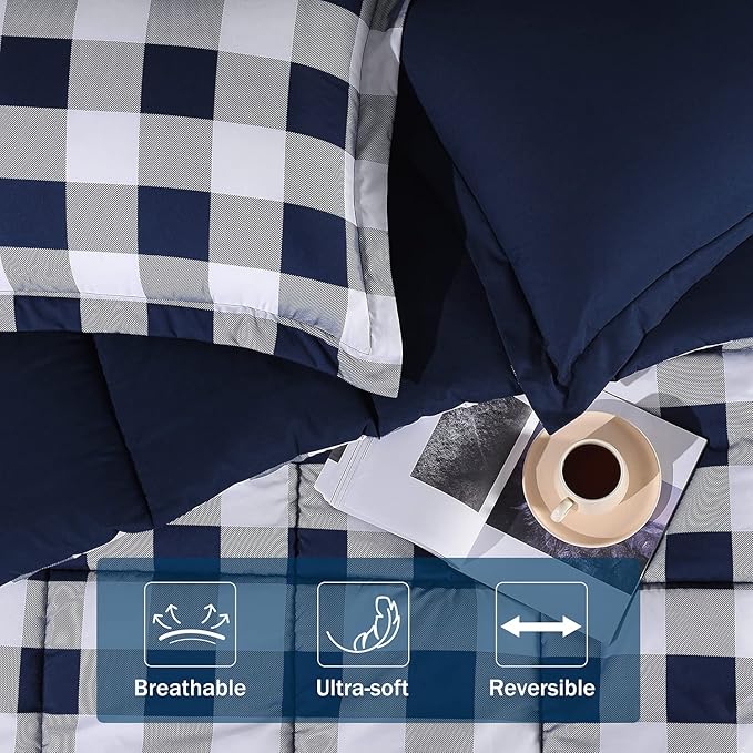 downluxe Lightweight Plaid Comforter Set (Queen) with 2 Pillow Shams - 3-Piece Set - Blue/White Plaid - Down Alternative Reversible Comforter