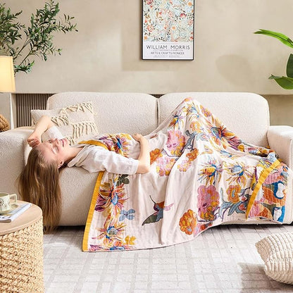 Boho Throw Blanket, 100% Cotton Ultra Soft Luxury Throw Rustic Quilt, 80"x90" Floral Bird Butterfly Farmhouse Decor Bed Blankets, All Season Rustic Reversible Bohemian Throw for Bed - Yellow