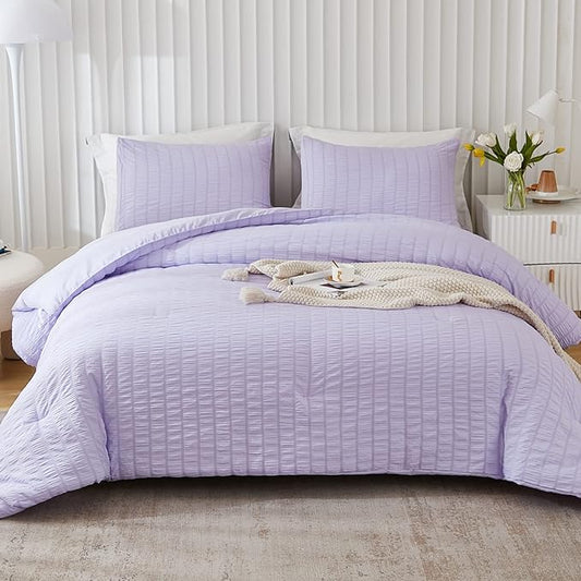 AveLom Lavender Purple Seersucker Twin/Twin XL Comforter Set (68x90 inches), 2 Pieces-100% Soft Washed Microfiber Lightweight Comforter with 1 Pillowcase, All Season Down Alternative Bedding Set